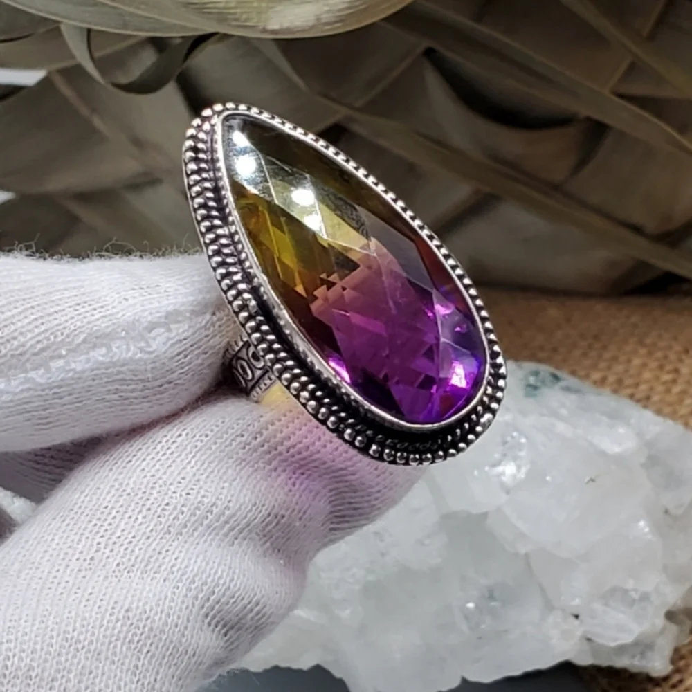 LARGE AMETRIN STONE  Rhodium/925 Silver Bohemian Ring Artisan Vintage Jewelry
